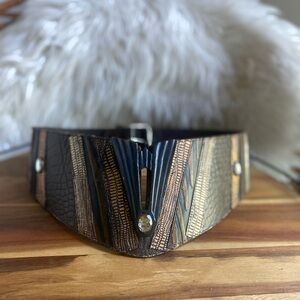 Vintage Esperanza Metallic Croc Leather  Rhinestone statement Corset Waist Belt